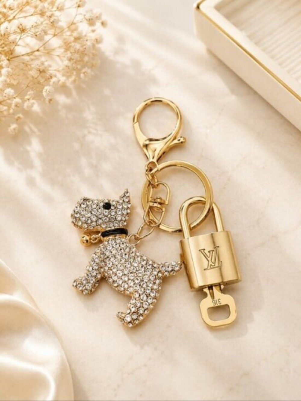 Authentic Louis Vuitton Gold Lock & Key 🔑 Bag Charm w/ Unbranded Dog Charm